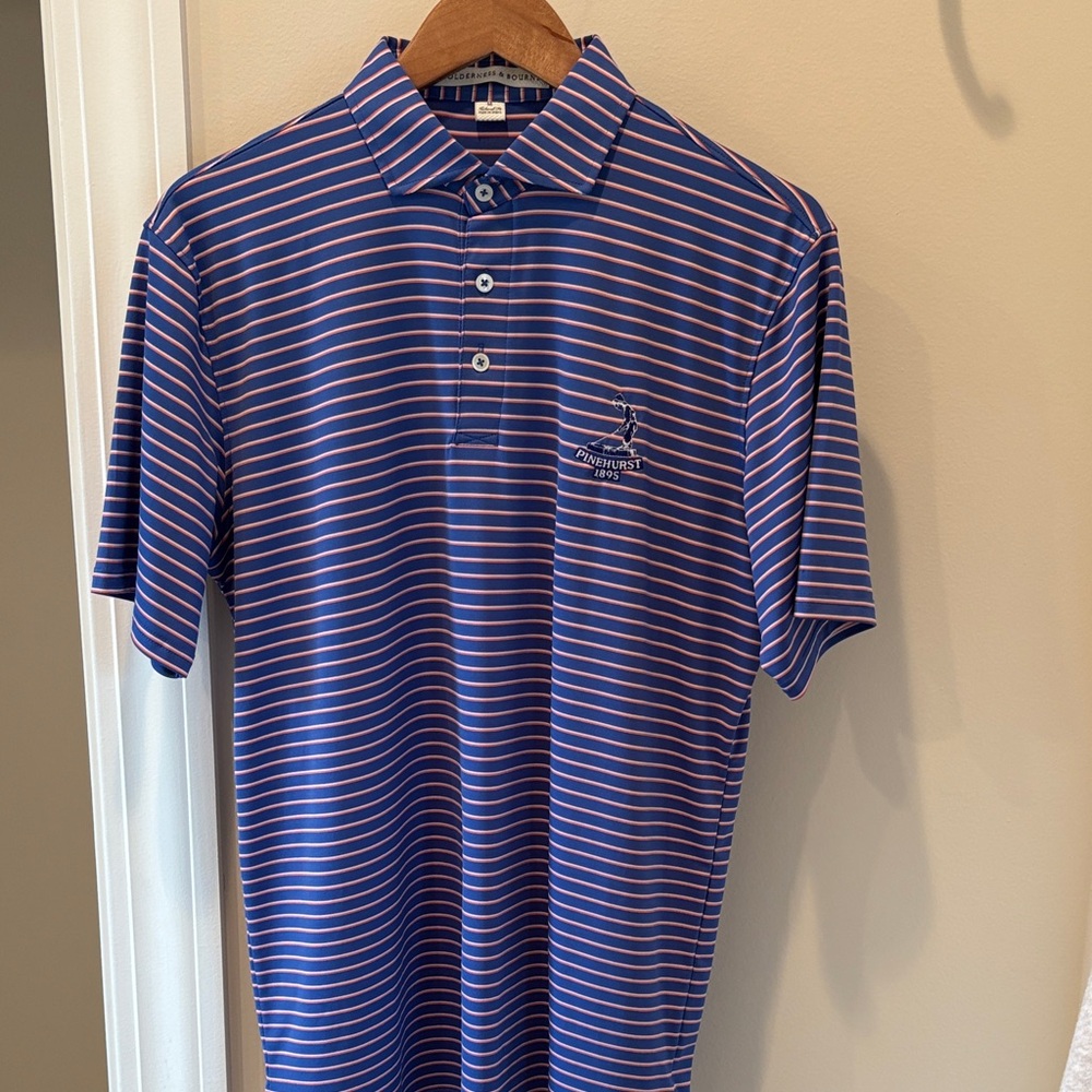 Holderness & Bourne Blue, White & Orange Striped golf Shirt. Pinehurst Logo